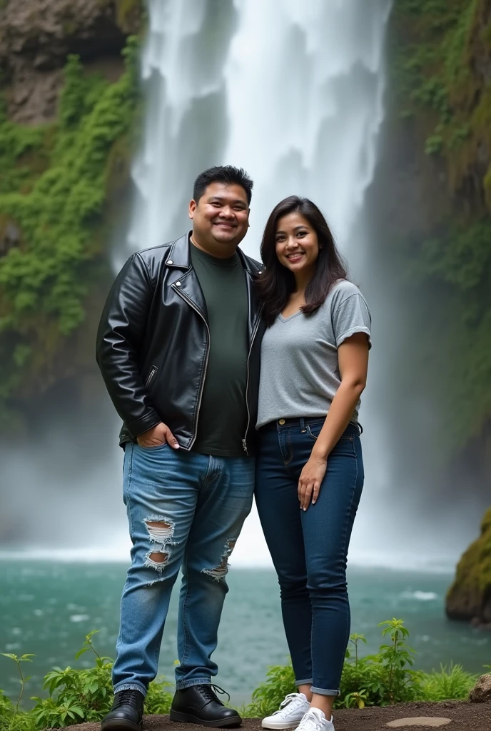 Full body portrait of a slightly chubby Indonesian youth wearing a slim black leather jacket,wearing shoes,Ripped jeans at the knee, and young women wearing t-shirts,Selvi is taking a photo with a young man in front of a waterfall tourist spot,real best quality