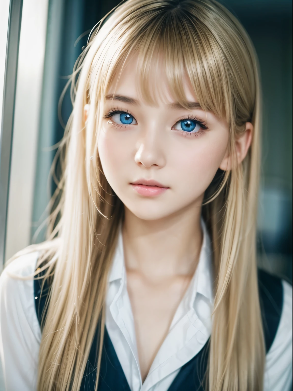 portlate、、bright expression、Young and radiant glowing white glowing skin、Shining cheeks、The ultimate beautiful girl、best looks、The most beautiful and beautiful bright blonde hair in the world、very long soft straight hair、shiny beautiful bangs、Large, sky-blue eyes, clear and attractive like shining crystals.、Very beautiful, nice and cute 16 year old girl、lush bust。