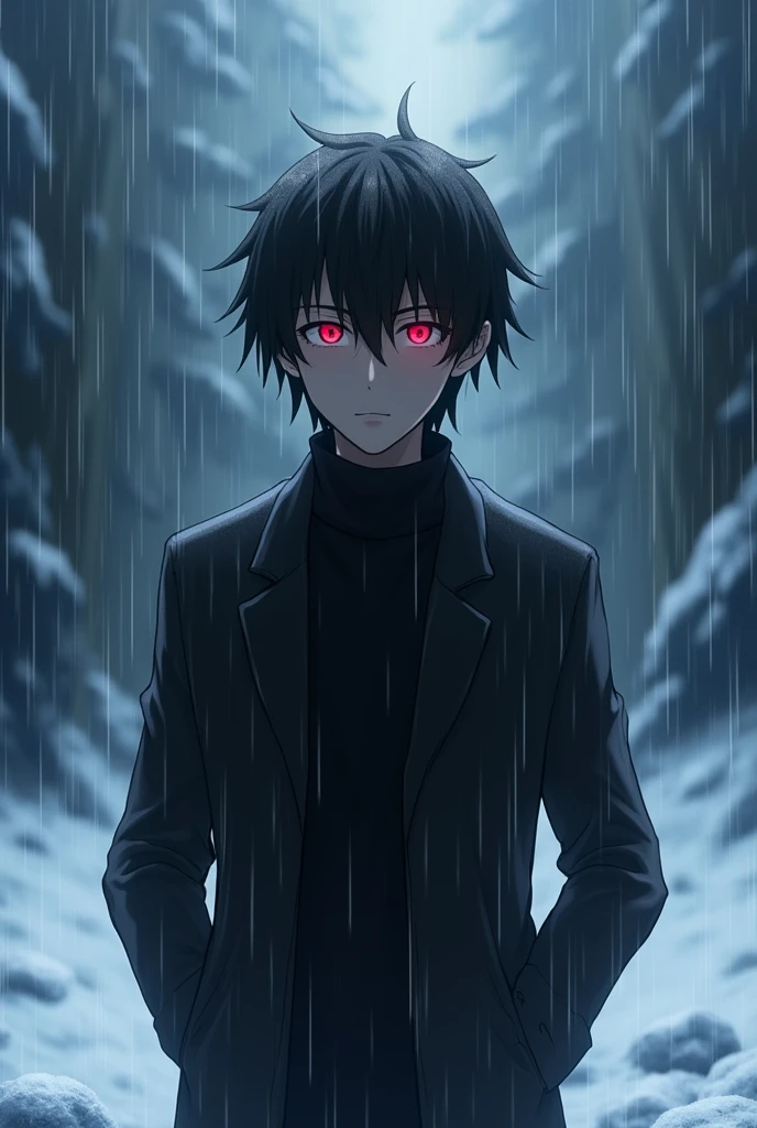 Bikinlah Katagiri yuichi Adult from the fictional Tomodachi game is in the place of Snow With an atmosphere of rain, gripping and tilting His eyes He glowed red but only slightly, while looking up at the sky. Addressing the camera. Väder kleding som i Snowy Arc i manga. Makes her hair look more similar