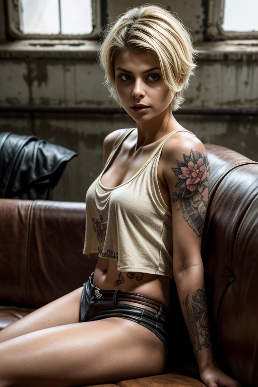 (best quality,4k,8k,highres,masterpiece:1.2), ulra-detailed, (realistic,photorealistic,photo-realistic:1.37), hot blonde punk chick is sitting in a modern living room. She has beautiful, detailed eyes that exude seduction. Her pale complexion adds to her mysterious allure. Her figure is slender and she has small-sized breasts. Her short edgy haircut perfectly complements her rebellious punk style. She is wearing a choker around her neck and her clothes are shredded, giving her an edgy look. She is dressed in a thin crop top that shows off her tattooed arms and a pair of tight shorts. The tattoos on her arms add to her punk aesthetic. The room she is in is adorned with modern furniture and vibrant colors. The hot blonde punk chick is confidently straddling a chair, exuding charisma and confidence. The lighting in the room highlights the details of her outfit and emphasizes her seductive gaze. The overall image quality is at the highest level, with ultra-fine details and vivid colors that make the scene come to life with a photorealistic effect.