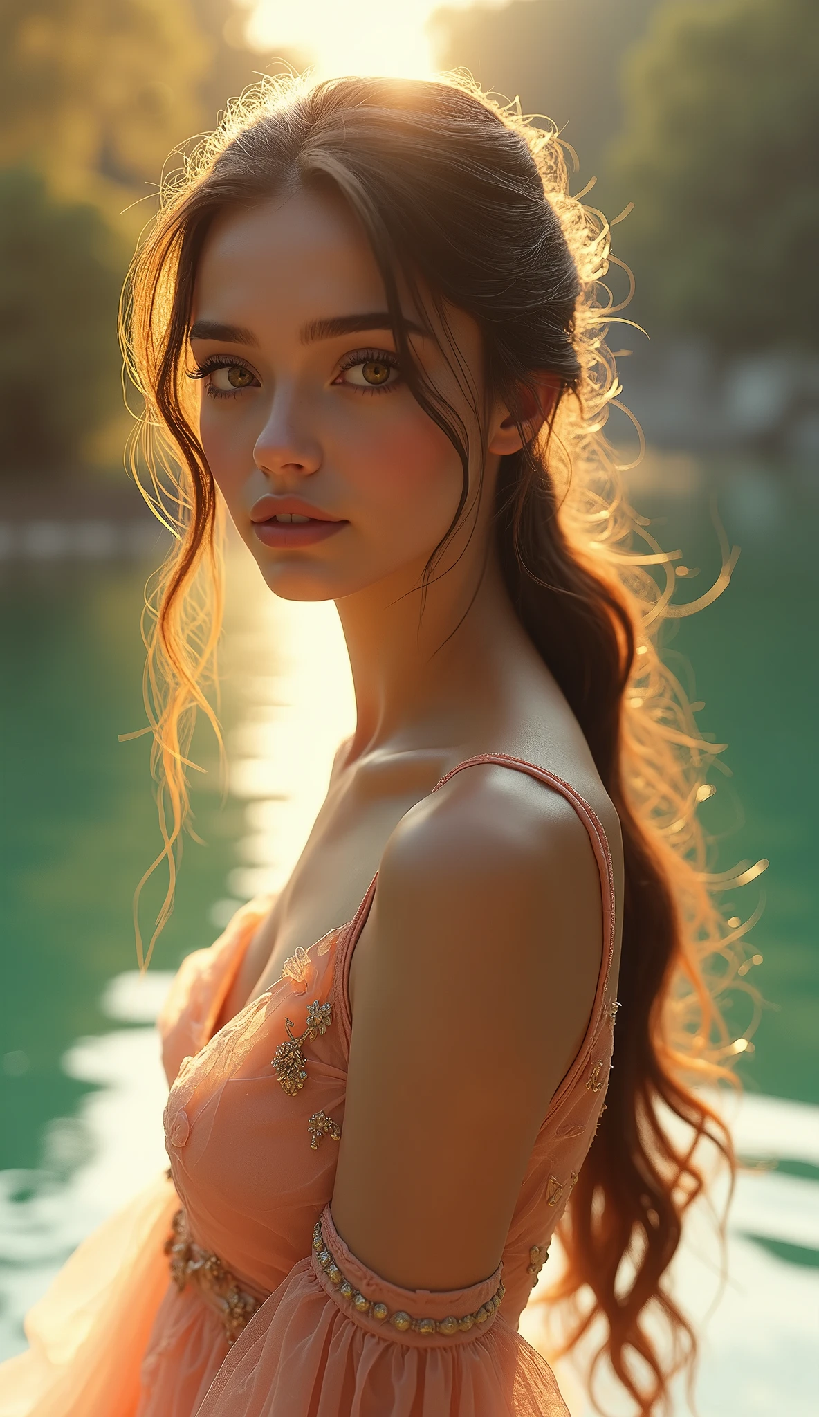 A girl on a serene lake, delicate facial features, long eyelashes, beautiful detailed eyes and lips, elegant dress flowing in the wind, gracefully posed, golden hour lighting, vibrant colors, photorealistic, 8k, hyper-detailed, cinematic composition, dramatic lighting, fantasy art, matte painting style
