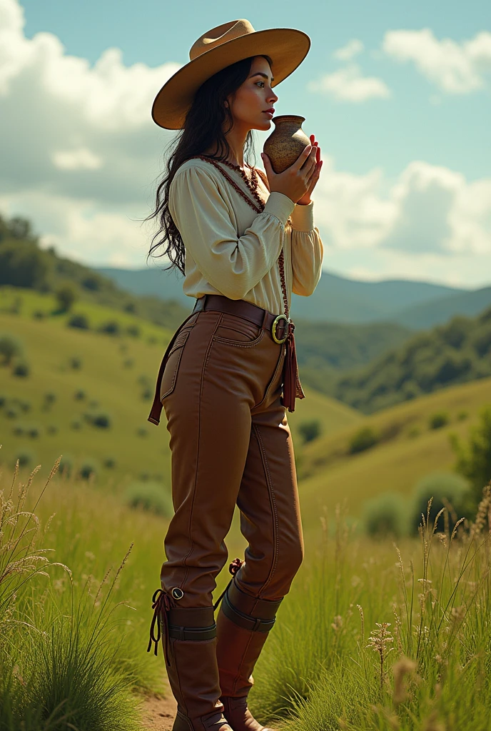 Brazilian woman wearing men's gaucho bombachas and boots drinking chimarrão and looking at the green pastures of the countryside
