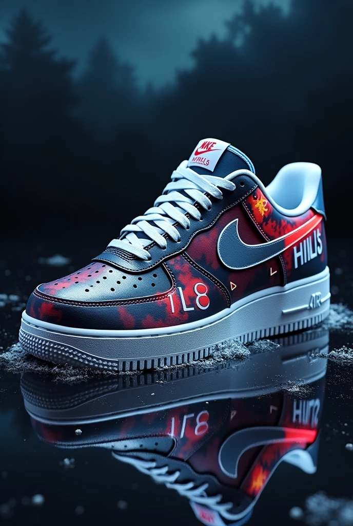 design for me an air force 1 show. Make it a Tate mcrae ( the singer) theme from the video run for the hills on youtube design colored by dark blue, white, black and red with the text: run for the hills. I want another text: T8. 