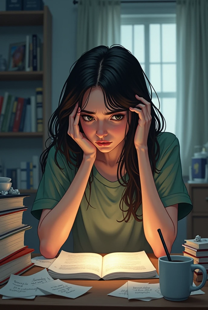 A teenage girl being stressed about her studies