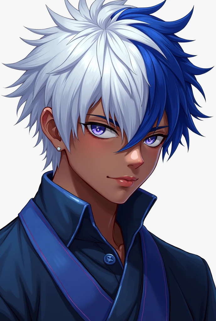 Chika is a striking figure with a commanding presence, effortlessly blending sharp facial features with a distinct and culturally rich attire. His short, spiky hair is a brilliant snow white, and the inner side of his hair is dyed midnight blue, giving him a unique contrast to his siblings. His hair, though slightly messy, is styled with precision, giving him an air of deliberate, charismatic nonchalance.
His skin is a deep, rich brown, creating a powerful and captivating contrast with his hair. This contrast is further enhanced by his intense eyes, which are deep-set and brimming with a quiet intensity. The eyes are a focal point of his face, drawing in anyone who meets his gaze. The irises are a pale, ethereal lavender, almost glowing. The eyes are framed by long, delicate eyelashes that further enhance their intensity. His expression is typically calm and composed, but there is always a slight smirk playing on his lips, hinting at an underlying confidence and perhaps a touch of cunning.
