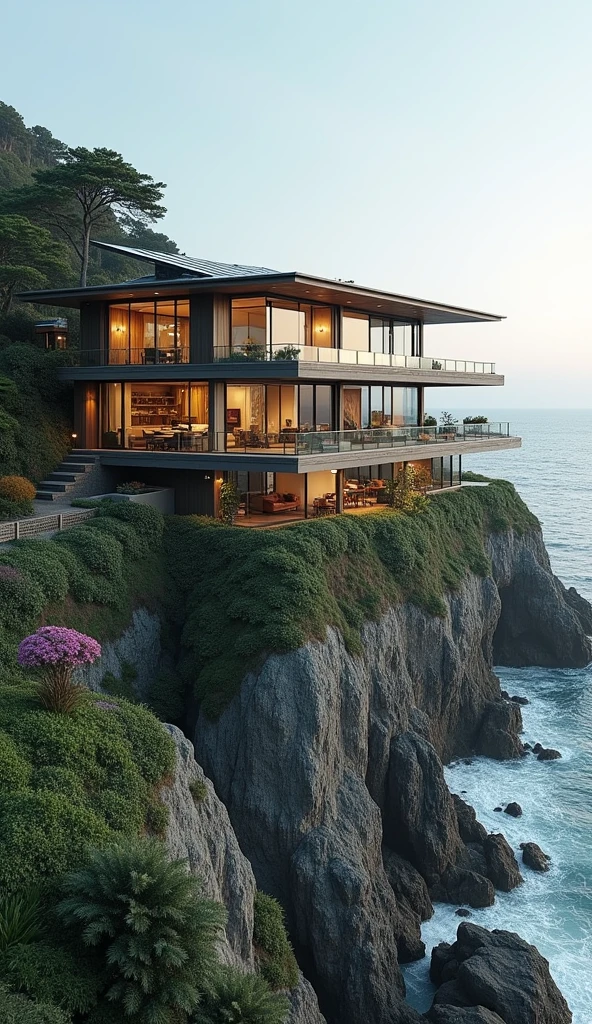 A coastal cliffside home, perched above a secluded beach, with solar panels on the roof and a rainwater collection system. The house features large windows that offer stunning ocean views, a well-stocked larder, and an indoor garden with herbs and vegetables. The home is designed to be a peaceful sanctuary, with a small greenhouse attached and spaces for meditation, art, and relaxation.