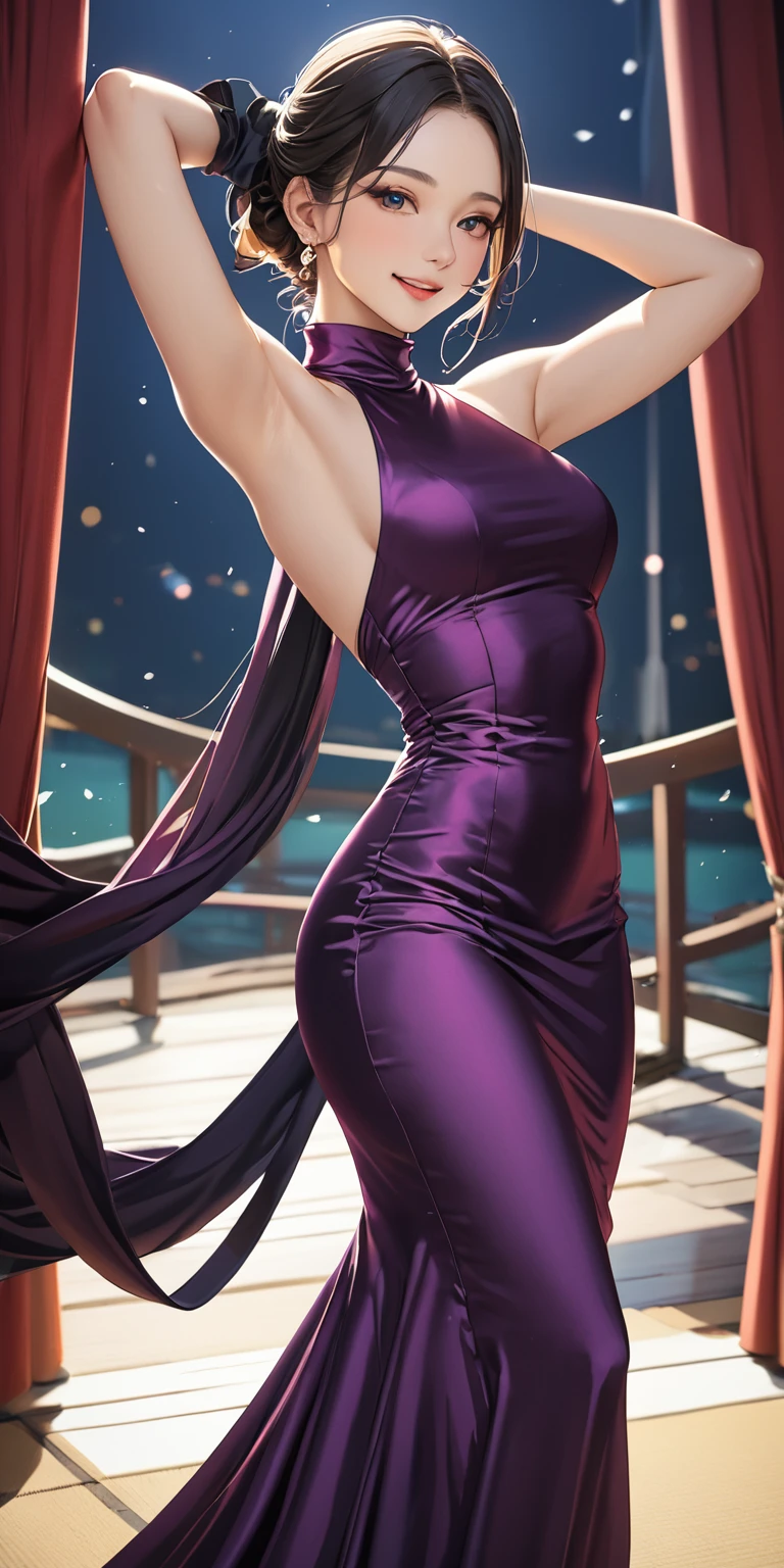 (masterpiece,Highest quality,Ultra-high resolution),Japanese women,Smiling, (((A very beautiful 20-year-old))),((High-neck long dress in satin)),(Tight fit),No sleeve、Satin opera gloves、Satin has a very strong sheen、Place your arms behind your head