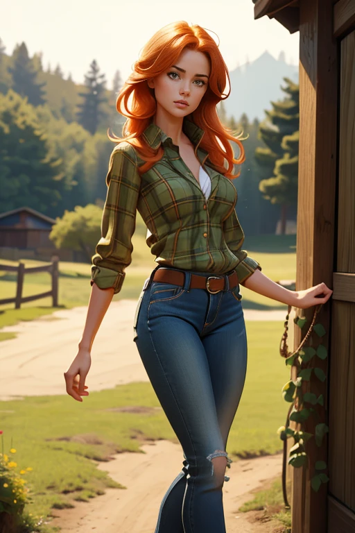 1 girl, Best Quality, masterpiece, cowboy shot, Orange hair, green eyes, tight clothes, barn, Wet, Green plaid shirt, labor, sexy, skinny jeans, half , cow print clothing:1.5, seductive, provocing, masterpiece, (dynamic angle:1.2), (dynamic posture:1.2), Plan general, light, (Best Quality), (Erotic), (ultra detailed), (16k, 8k, complex),(Full body photo: 1), (Focus on the hips:1.2), (wide hips) (big breasts), (perfect body)