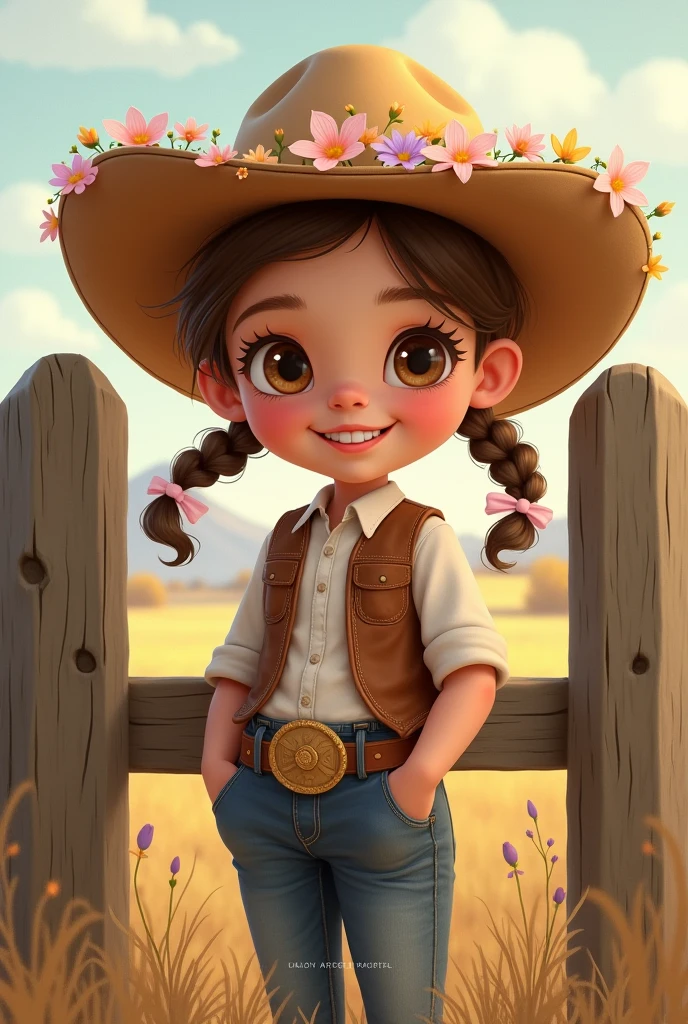  five year old cowgirl with flowery hat wooden fence