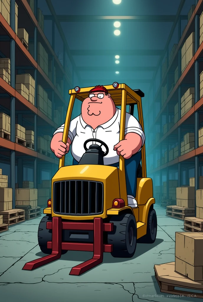 Peter griffin driving a forklift in a warhouse 