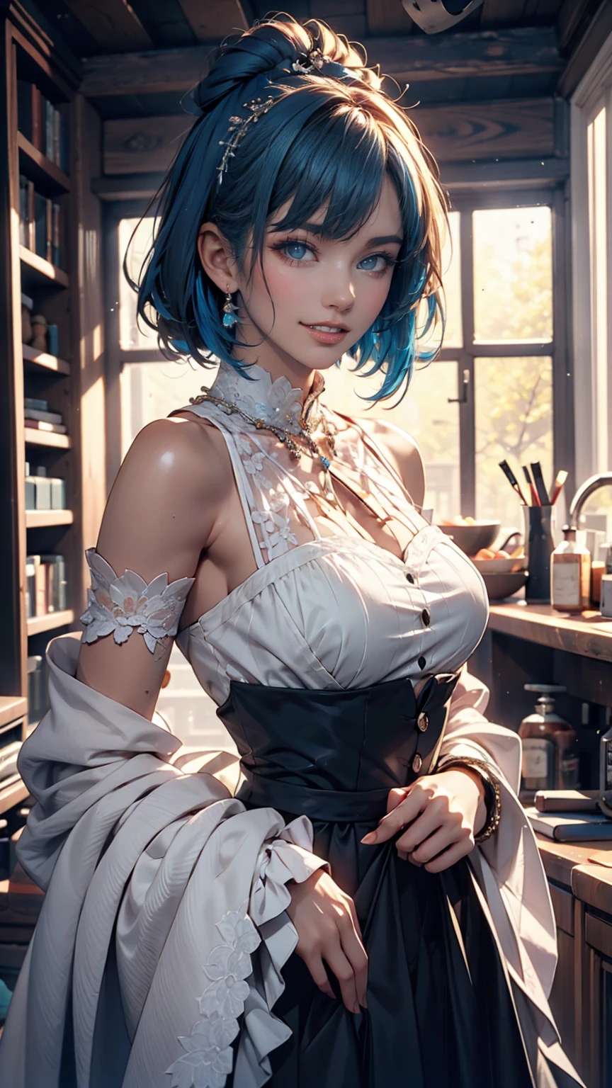 highly detailed, 8k, masterpiece, One person, Blue frills_hair_tube, dress, bend_that's all , Grin, (perfection_face), Sitting, machine, Brilliant, Complex, Dramatic lighting, 4K, detailed_background, Caustics, full_body, (Surreal:1.3), bloom,(Beautiful lighting:1.3), Caustics, Dynamic Lighting, Beautiful lighting,
