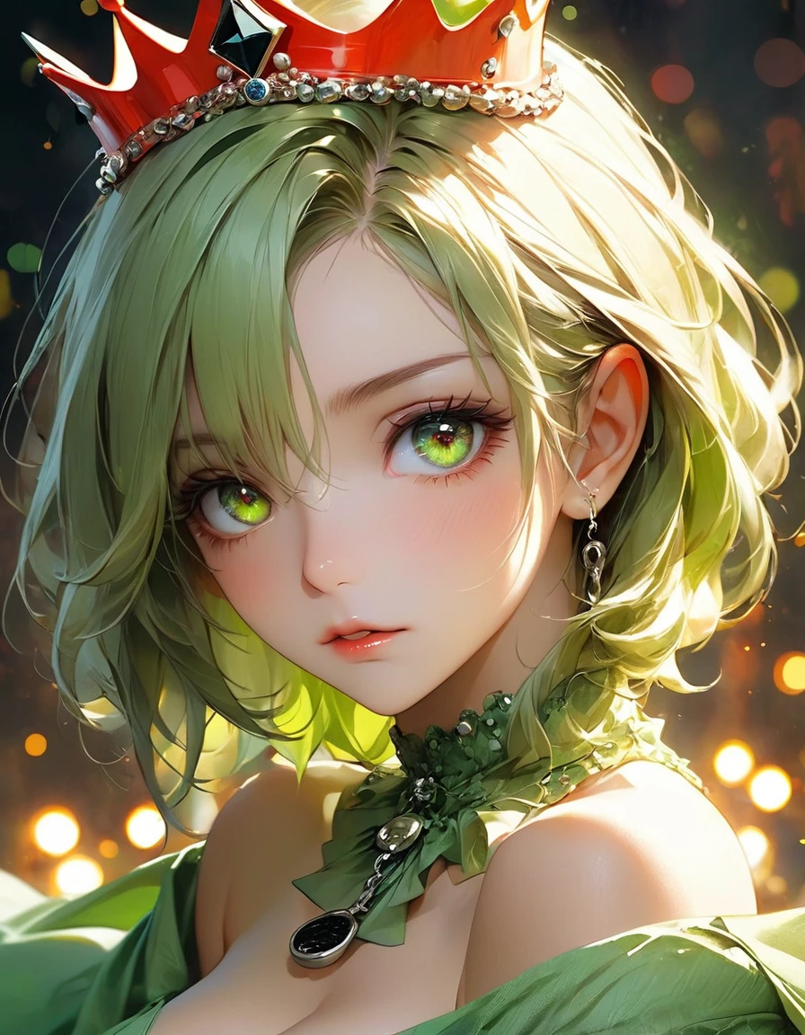 estilo filme de terror in 4D all verde florescente concept art by Pino Daeni, Jeremy Mann, Greg Rutkowski, Konstantin Razumov, Vladimir Volegov Realistic closeup portrait of a model 4k beautiful Arlequina sexy Sensual soft ONLY black diamond eyes orange and green spirit, red threads, key light reflected in the eyes, red crown on the head, painted background, studio portrait, soft light, bezel lighting, shimmer in the eyes, bokeh background, picturesque, buff painting, (detailed faces:1. 3), (Detailed Eyes:1.3 8K,