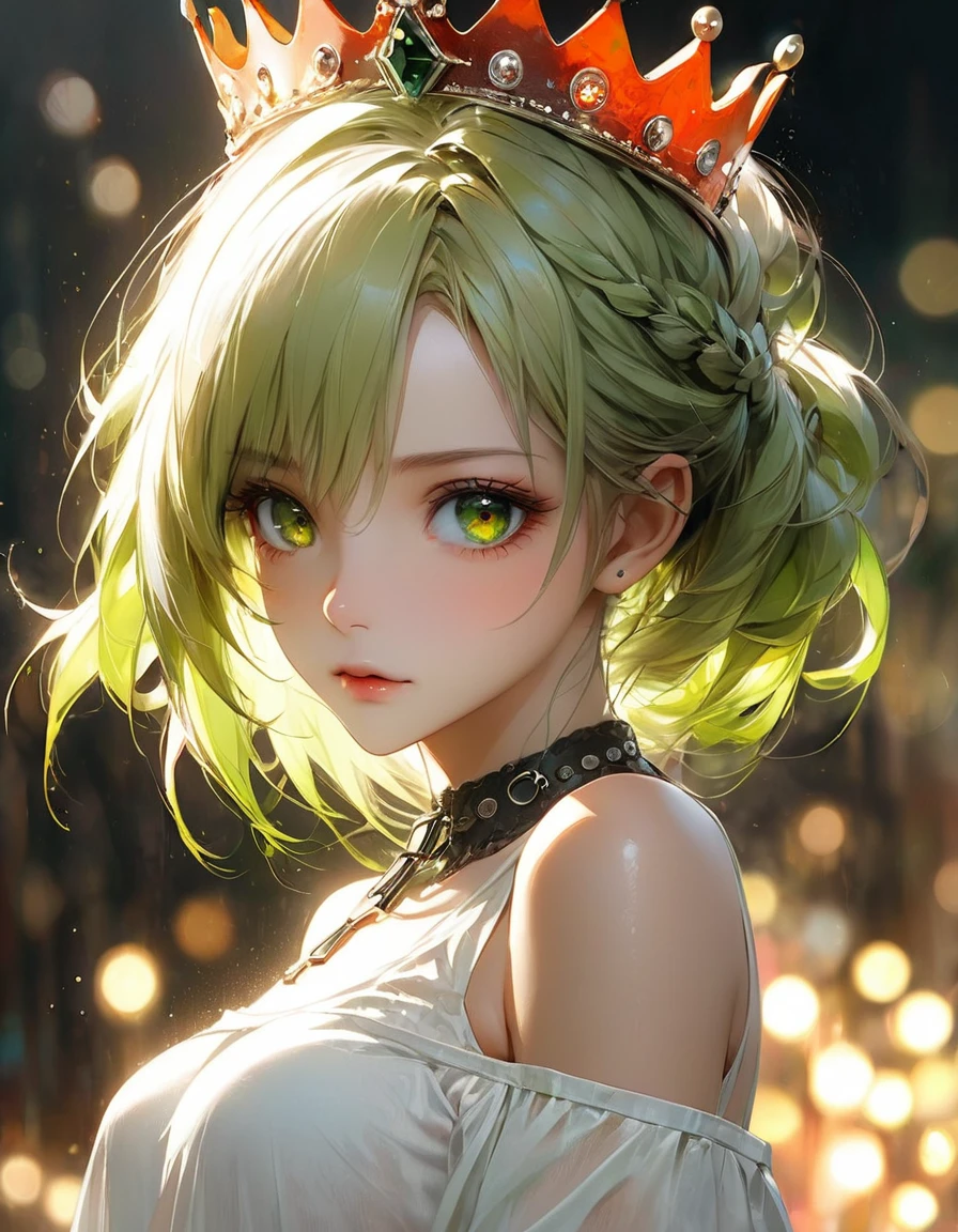 estilo filme de terror in 4D all verde florescente concept art by Pino Daeni, Jeremy Mann, Greg Rutkowski, Konstantin Razumov, Vladimir Volegov Realistic closeup portrait of a model 4k beautiful Arlequina sexy Sensual soft ONLY black diamond eyes orange and green spirit, red threads, key light reflected in the eyes, red crown on the head, painted background, studio portrait, soft light, bezel lighting, shimmer in the eyes, bokeh background, picturesque, buff painting, (detailed faces:1. 3), (Detailed Eyes:1.3 8K,
