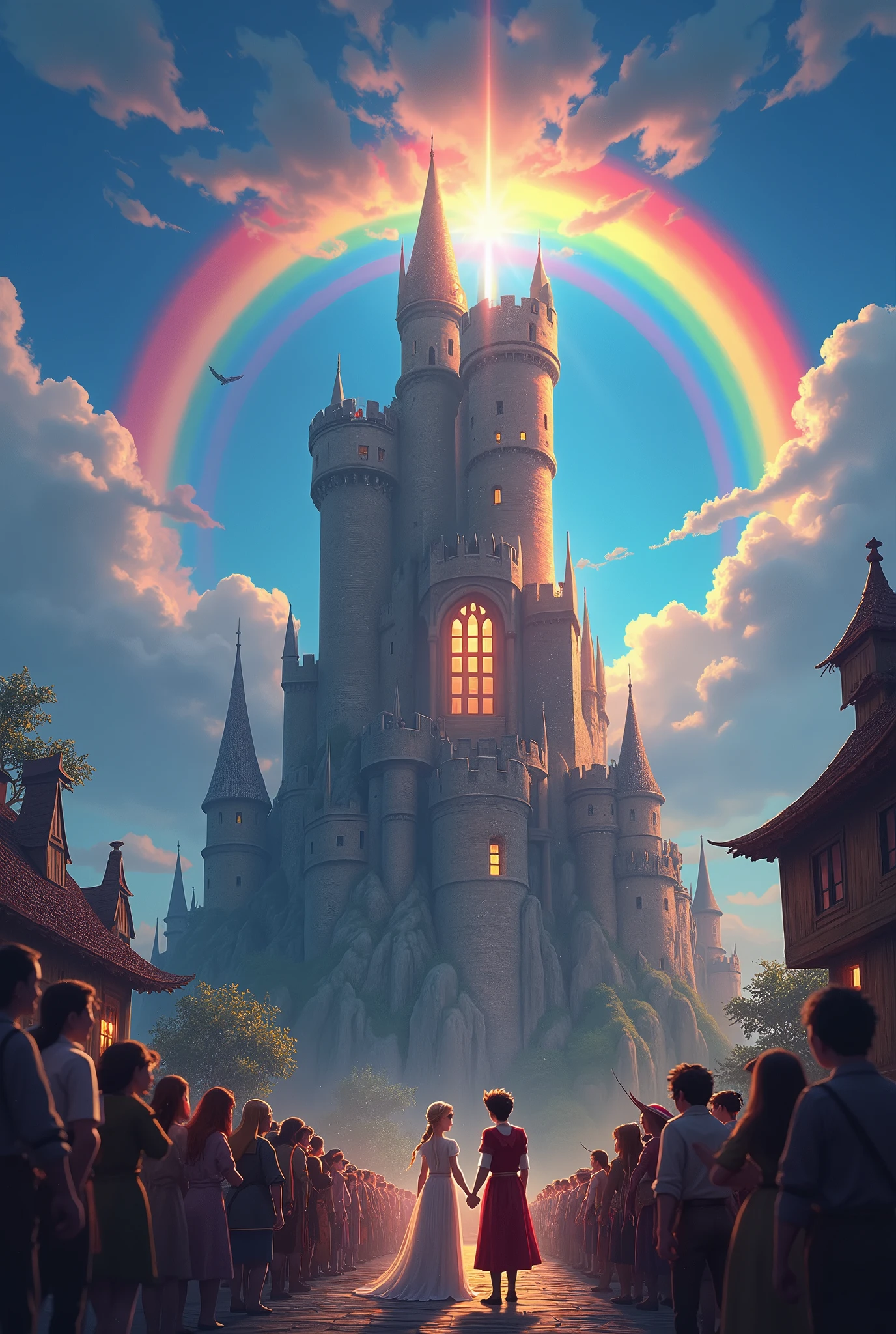 The two of them descended from the tower together and, when leaving the castle, A rainbow appeared in the sky, dispelling all the evil witch&#39;s spell. The kingdom has once again become a place of joy and peace., and Prince Leo and Princess Luna became great friends. They returned to the village, where everyone celebrated and lived happily ever after.