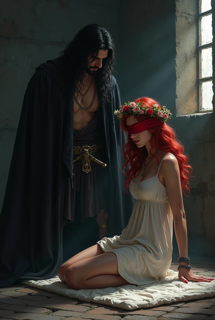 Cadre : un cachot sombre avec des barreaux a une fenetre.
Fille: Elle a les cheveux long rouges et ondulés avec une couronne de fleurs elle est a genoux sur un matelas au sol effrayé autour de sa cheville il y avait une chaîne elle avez également les yeux bandée avec un bandeau en soie rouge pour pas qu elle essaye de s enfuir elle a une robe blanche
Homme : il a les cheveux noir et long il lui caresse les cheveux. Il avait du desir pour elle il est Italien . Il etait habillée comme un seigneur du Moyen Age et dans sa ceinture il a une épée
