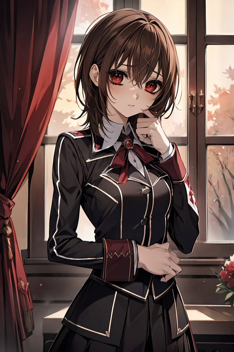 (absurdres, highres, ultra detailed, HDR), masterpiece, best quality, Yuki Cross, 1woman, solo, beautiful, brown hair, vibrant red eyes, finely eye and detailed face, window, red curtains, black uniform, vampire knight