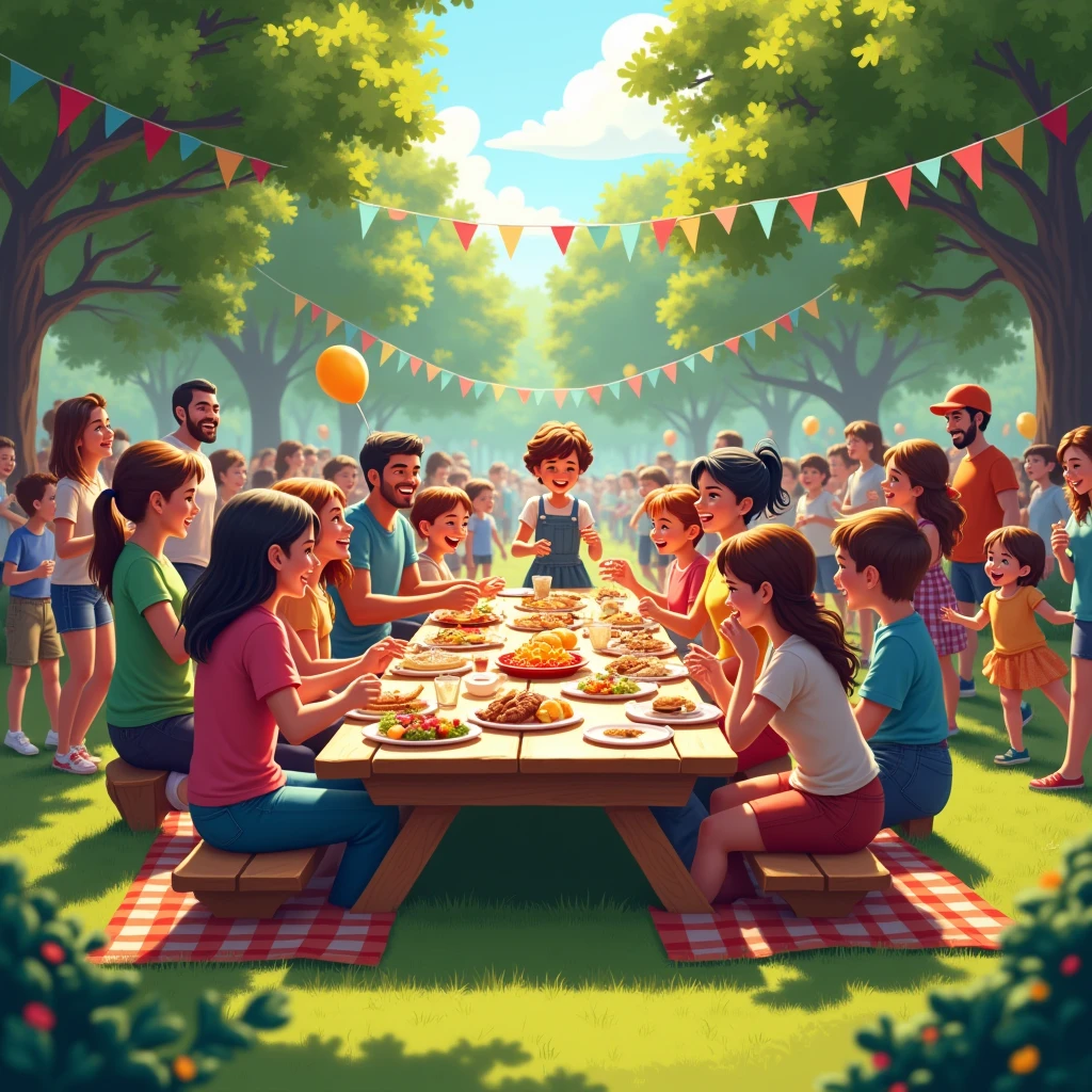 A vibrant and colorful community event with workers of all ages gathered around a picnic table in a park, enjoying a Labor Day cookout, with children playing and families smiling in the background."