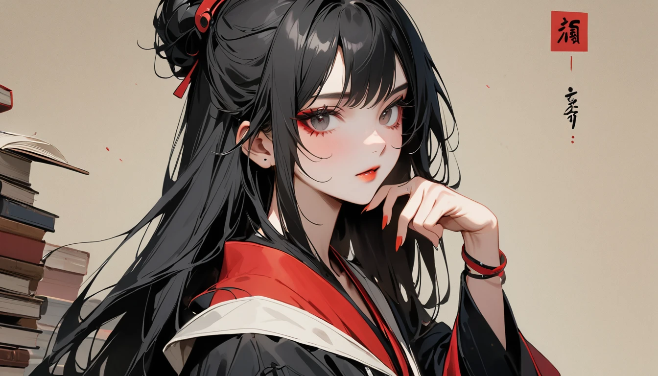 Ink Painting, (((1 person))), (((claw pose))), (((Refers to 5 books))), (((Whitewashed face))), (((Flashy makeup))), Japanese style headphones, face close-up, beautiful girl, Black Hair, Delicate and precise, Modern ukiyo-e style, Female Samurai