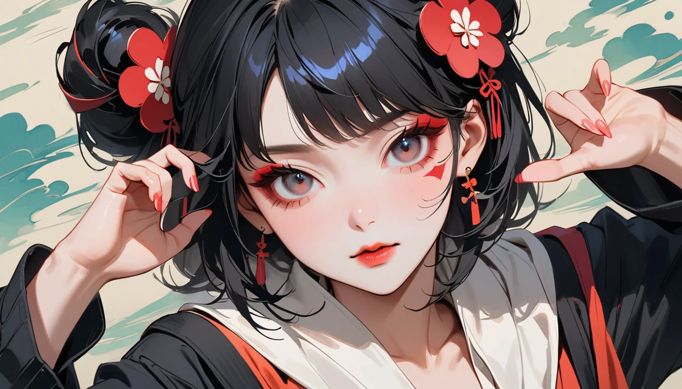 Ink Painting, (((1 person))), (((claw pose))), (((Refers to 5 books))), (((Whitewashed face))), (((Flashy makeup))), Japanese style headphones, face close-up, beautiful girl, Black Hair, Delicate and precise, Modern ukiyo-e style, Female Samurai