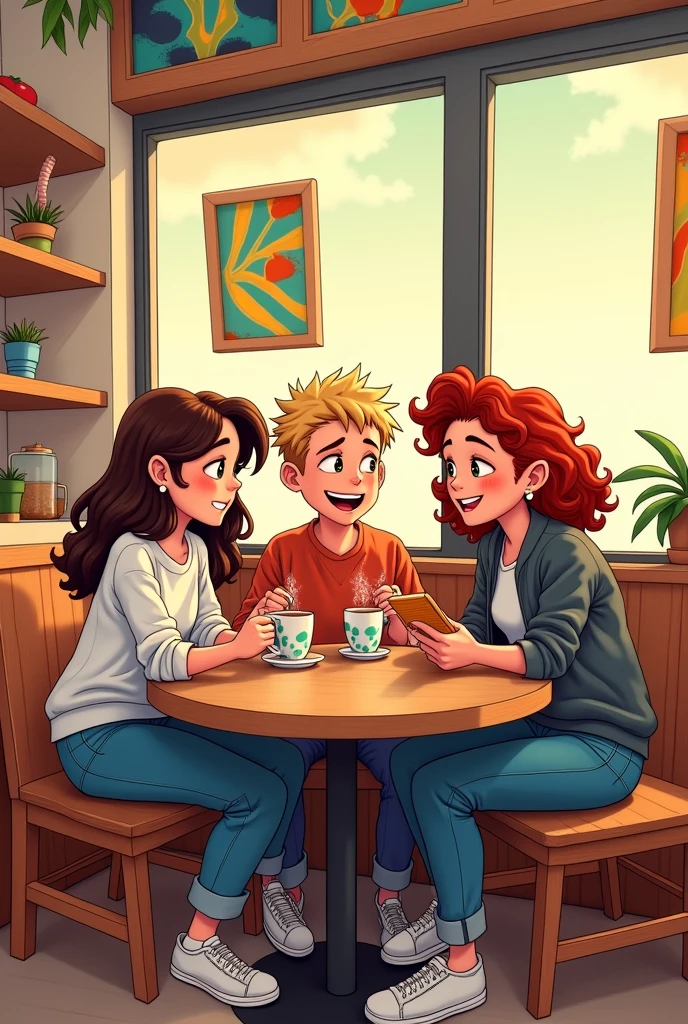 Ana (girl), Ben (boy) and Carla (girl) is in the coffee shop comic type drawing
