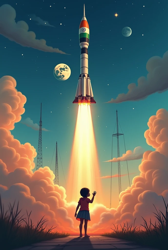 Title: Touching Lives While Touching the Moon: India’s Space Saga
Subtitle: Celebrating the Achievements and Aspirations of ISro
A rocket is lochud with Indian flag tip of the rocket a girl stood and touching moon
She joining moon and earth