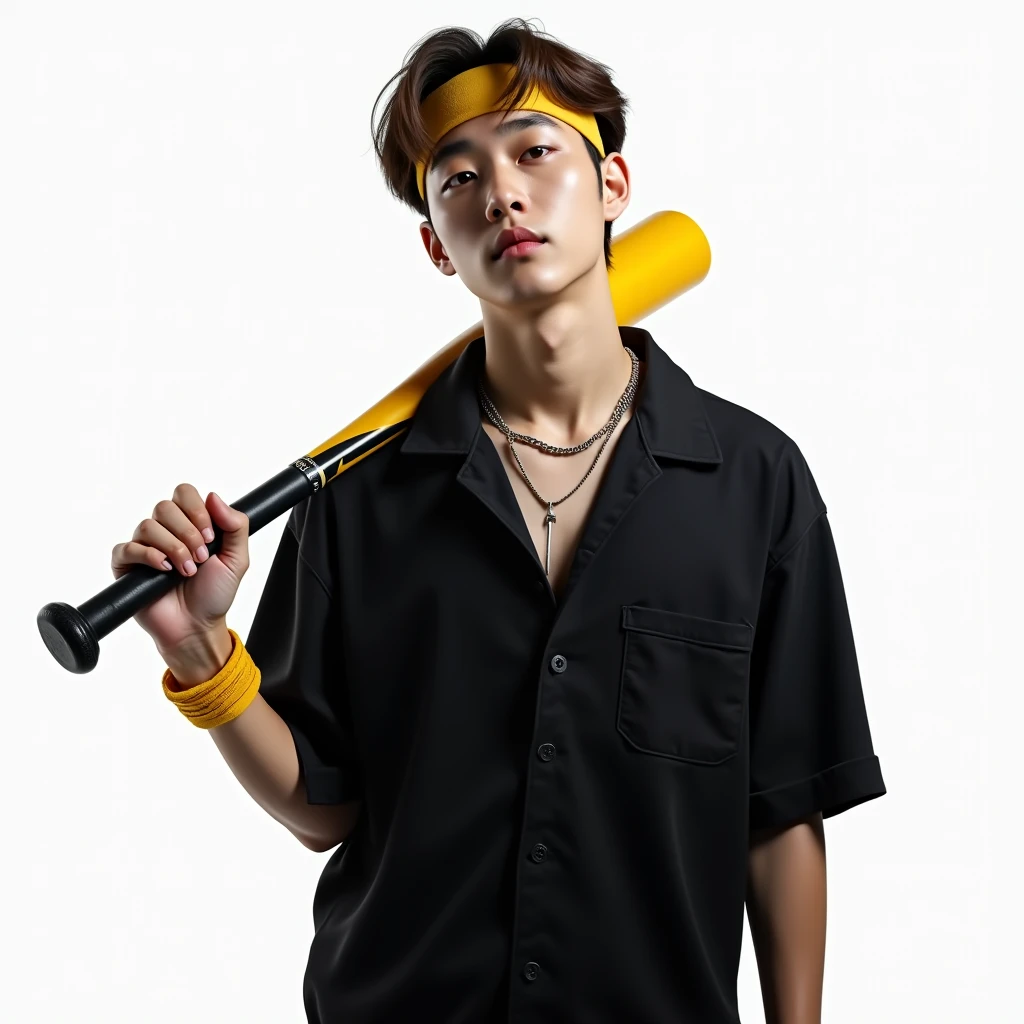 Remaja pria korea memakai kemeja hitam
dengan rambut berwarna coklat memakai headban berwarna kuning hitam expresi dingin dan cuek ,ultra hd,ultra 4k,realistis, background putih, foto sepinggang,kedua pose tangan memegang tongkat bisbol berwarna kuning hitam yang di sandang di bahu sebelah kiri,pose kepala agak mendongak ke atas,memakai kalung rantai,memakai gelang tangan kain berwarna kuning di sebelah kiri
