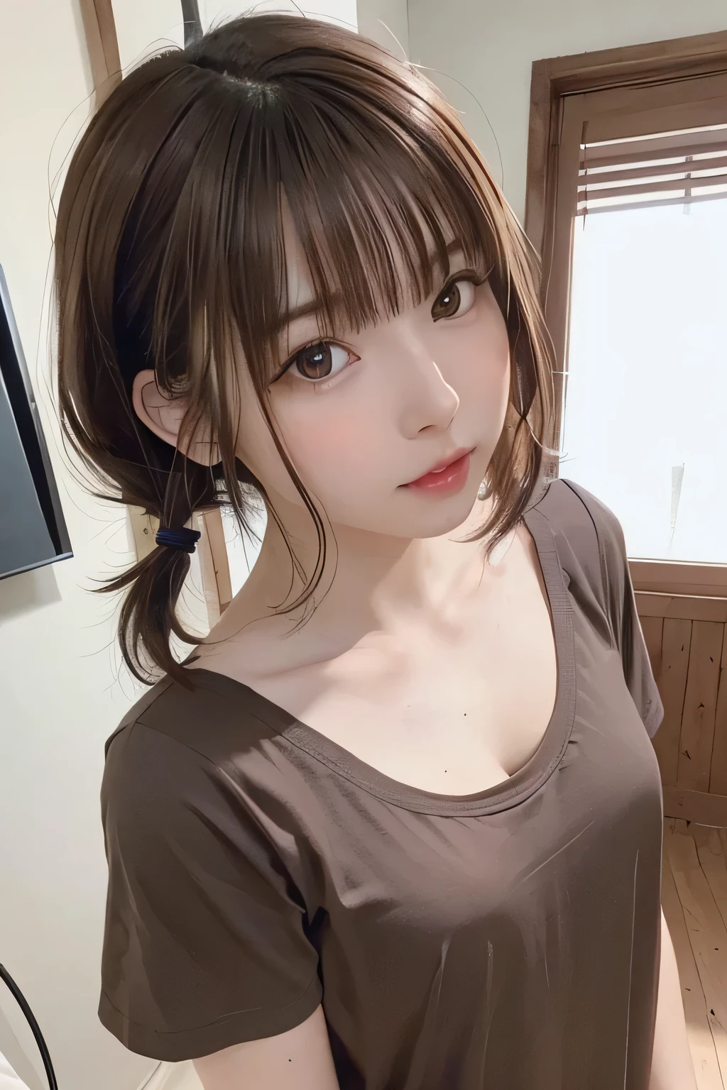 8k、Highest quality、masterpiece、(Upper shot close-up)、solo、round face、(slim、Flat Body:1.23) 、((Brown eyes、Brown Hair:1.5))、(short hair)、Wavy Hair、Curly Hair、Low twin tails、Short Twin Tails、 pajamas、