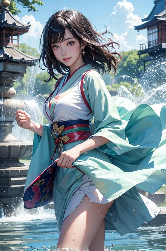 anime style, super fine illustration, highly detailed, dynamic angle, beautiful detailed, 8k, Japanese clothing young girl, about , playing in a fountain with their clothes on, on a summer afternoon; the Japanese clothing young girl, about , are smiling and the water splashes are sparkling (sparkle: 1.5). BREAK The bright sunlight reflects off the fountain, creating a lively atmosphere.
