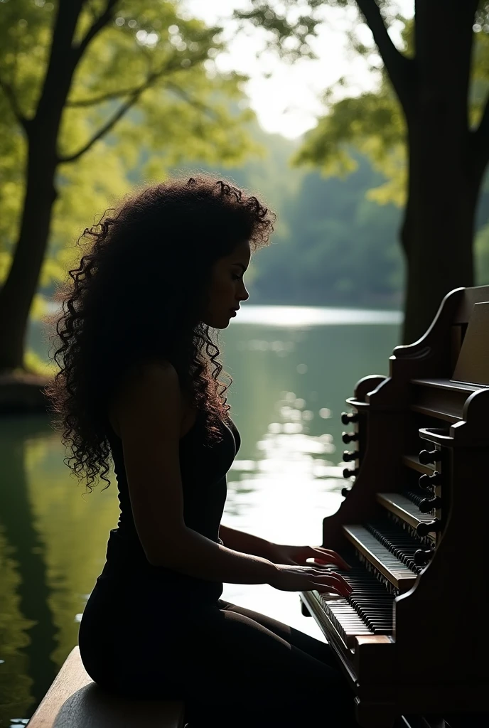 Silhouette profile photo of woman with long black curly hair, playing organ in the nature lake