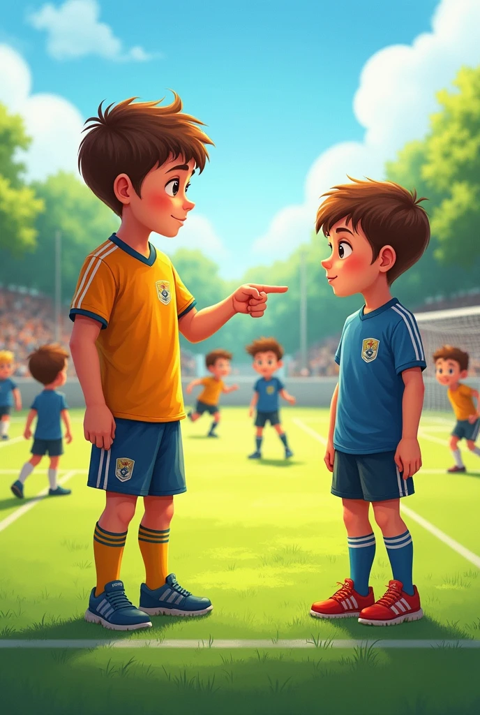 illustration, 8 year old boy, with sports clothes, señalando a un niño de 7 años delgado with sports clothes en una cancha de futbol, surrounded by other children