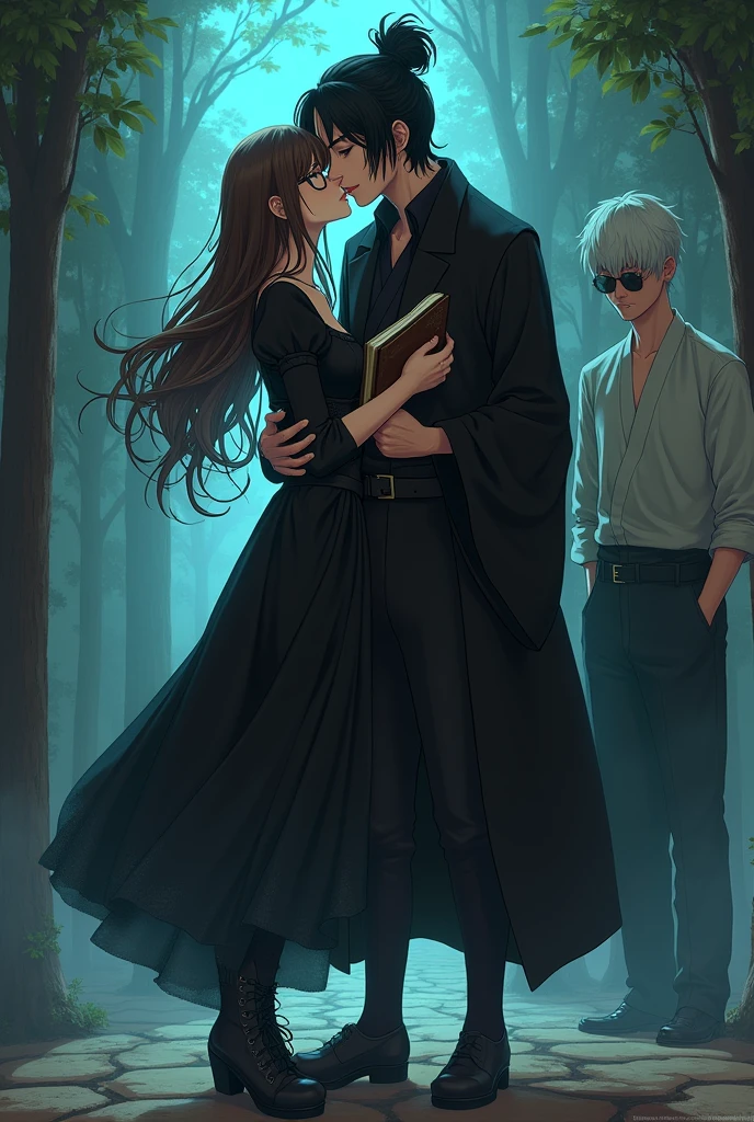 Caucasian female, older, gothic, アニメ, long hair with bangs and brown, eyes black, round eyeglasses, espartilho preto, black skirt and black coat, wearing black boots and black tights, holds a magic book and kisses a tall man, grown-up, white oriental long black hair, with bun hairstyle, eyes black orientais, wearing a Japanese kimono and sandals with socks, while a white man, tall straight white hair with bangs, sunglasses wearing a shirt and dress pants, with shoe, observes the scene hidden and sad, manga style 