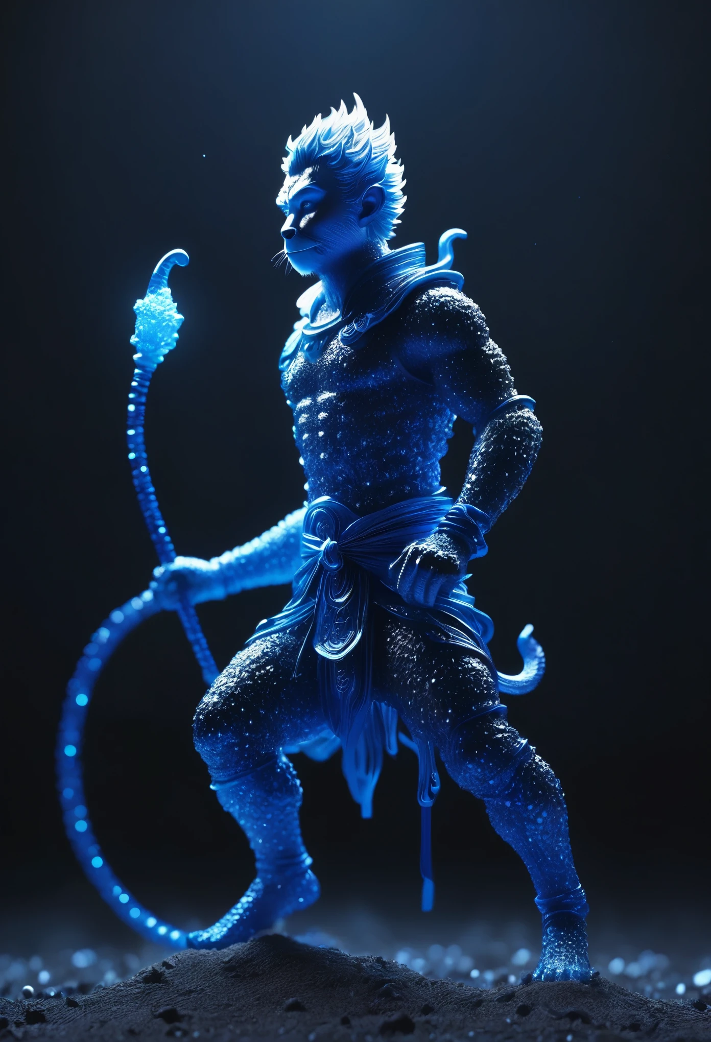 ascii art,Nick,Veasey,Linear Shimmer, Glass candy wrapper,The giant Sun Wukong was decomposed into countless extremely tiny glowing white dot particles.,Particle glow dark background dark night glow deep blue seabed high definition rendering,Minimalist composition,High contrast Tilt-shift 32k Octane render