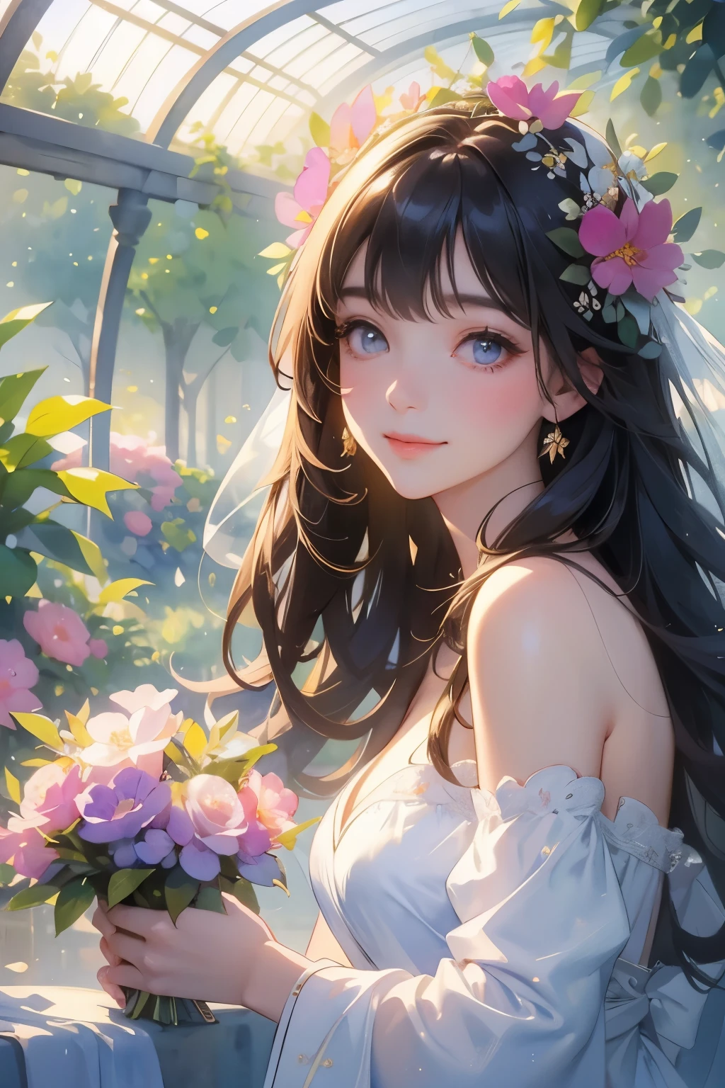 Very beautiful girl, (A smile that makes everyone around you happy)、Beautiful and fair、Beautiful Skin、Glowing Skin, bright, Refreshing and gentle look, Perfect beautiful face、Beautiful shiny bangs, Small breasts,((Sargent-style watercolor))、(Highest quality、masterpiece)、Soft Light、Indoor Botanical Garden、dome、(Lots of flowers)、Garden with fluttering petals、