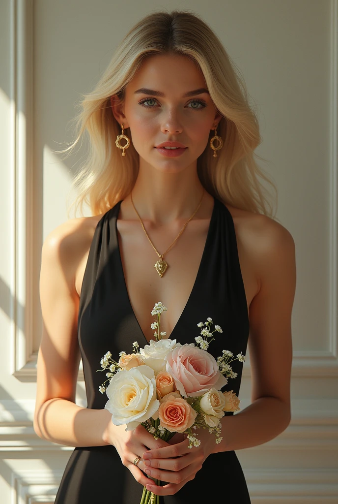 Create the image of a relaxed and stylish woman. She has light hair and is dressed in a black dress. She has a gold necklace and earrings and is holding a bouquet of flowers in her hand.