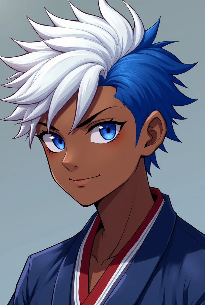 Chika is a striking figure with a commanding presence, effortlessly blending sharp facial features with a distinct and culturally rich attire. His short, spiky hair is a brilliant snow white, and the inner side of his hair is dyed midnight blue, giving him a unique contrast to his siblings. His hair, though slightly messy, is styled with precision, giving him an air of deliberate, charismatic nonchalance.
His skin is a deep, rich brown, creating a powerful and captivating contrast with his hair. This contrast is further enhanced by his intense eyes, which are deep-set and brimming with a quiet intensity. The eyes are a focal point of his face, drawing in anyone who meets his gaze. The irises are a pale, ethereal lavender, almost glowing. The eyes are framed by long, delicate eyelashes that further enhance their intensity. His expression is typically calm and composed, but there is always a slight smirk playing on his lips, hinting at an underlying confidence and perhaps a touch of cunning.