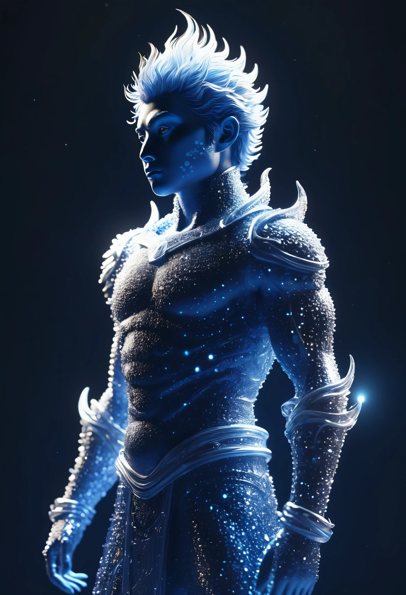 ascii art，Nick，Veasey，Linear Shimmer， Glass candy wrapper，The giant Sun Wukong was decomposed into countless extremely tiny glowing white dot particles.，Particle glow dark background dark night glow deep blue seabed high definition rendering，Minimalist composition，High contrast Tilt-shift 32k Octane render