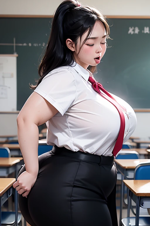 Sexy bbw girl standing in classroom wearing middle school uniform, Close your eyes, sweat and look miserable, Open your mouth and stick your tongue out, Emphasize huge butt