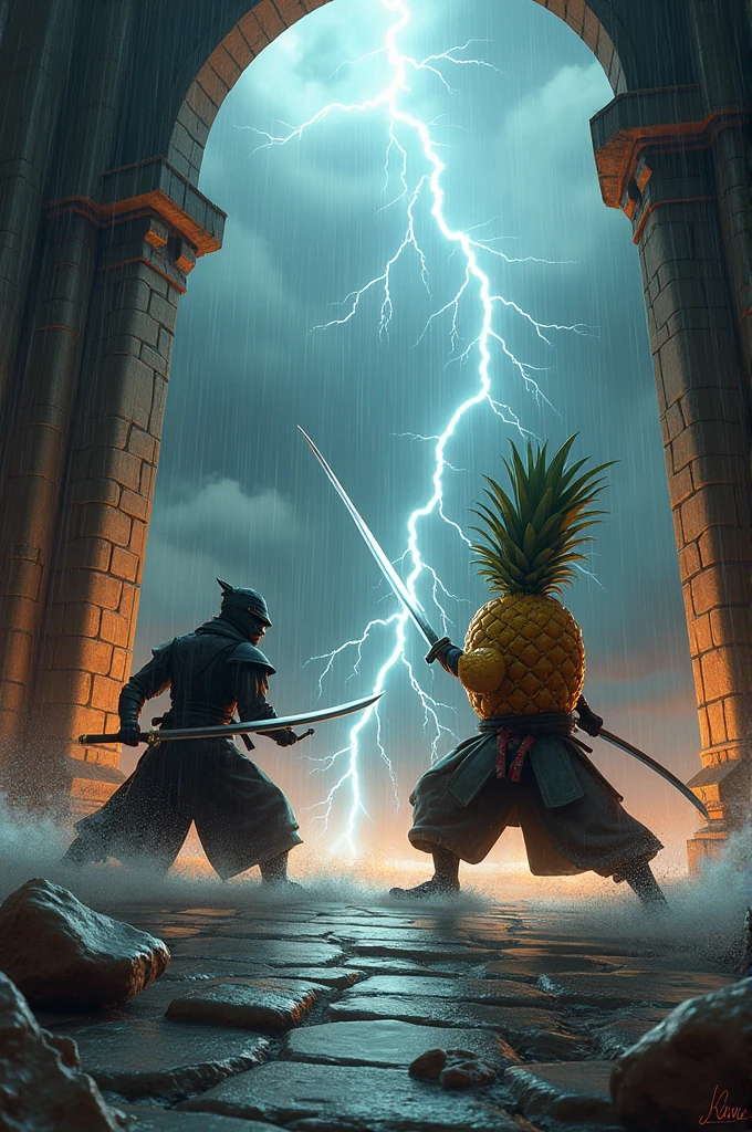 coconut ninja fighting a pineapple samurai in a castle in the middle of a storm