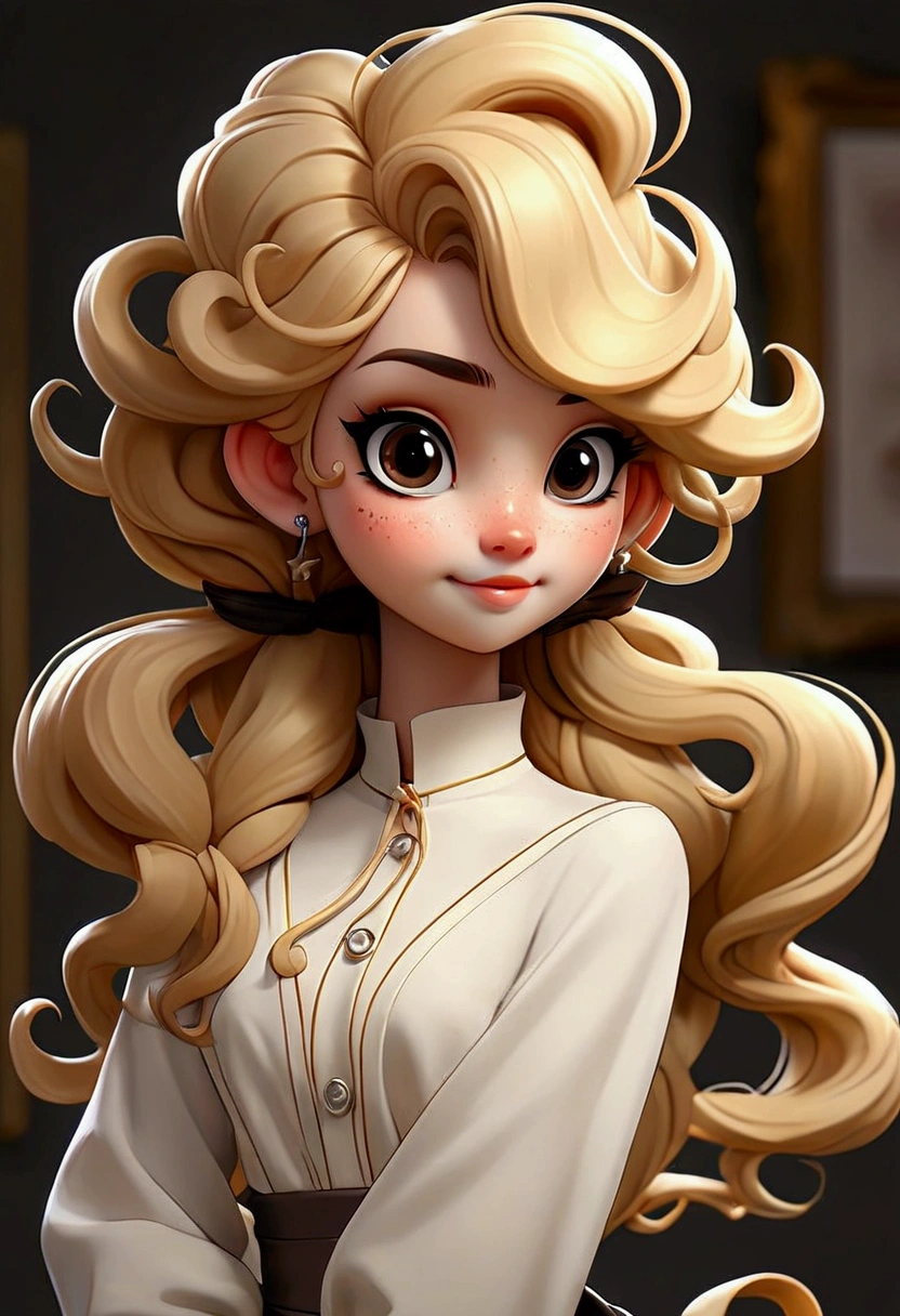 Full-body cartoon drawing、Pop Surrealism、Age: 、Realistic painting、Detailed anime soft face、cute漫画のキャラクター、cute漫画スタイル、cute漫画、cute！Her hair is long and curly.、Blonde Hair、Hairstyle: Ponytail、smile、The background is a white living room、The outfit is a tight dress
