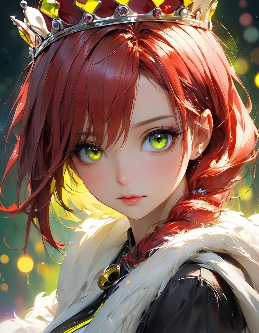 concept art by Pino Daeni, Jeremy Mann, Greg Rutkowski, Konstantin Razumov, Vladimir Volegov Realistic closeup portrait of a model 4k beautiful Arlequina picante sexy super brilhante Sensual soft ONLY black diamond eyes sobrancelhas pintadas de verde florescente brilhante yellow spray good neon and gold spirit, red threads, key light reflected in the eyes, red crown on the head, painted background, studio portrait, soft light, bezel lighting, shimmer in the eyes, bokeh background, picturesque, buff painting, (detailed faces:1. 3), (Detailed Eyes:1.3 8K,