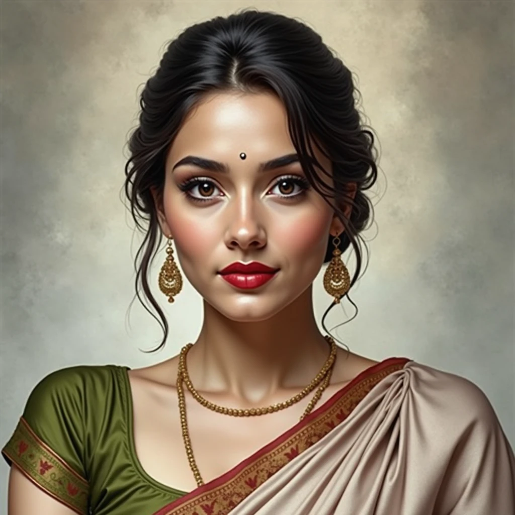 Take her skin complexion to near golden,make her lips red and little less bulkier,make her saree red in color,make her nose symmetrical 