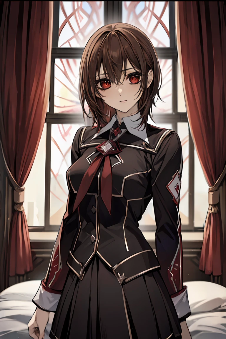 (absurdres, highres, ultra detailed, HDR), masterpiece, best quality, Yuki Cross, 1woman, solo, beautiful, brown hair, vibrant red eyes, finely eye and detailed face, window, red curtains, black uniform, vampire knight, arms behind back, 