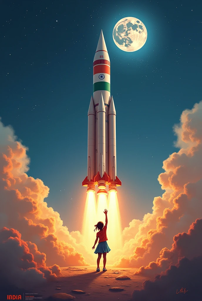 Title: Touching Lives While Touching the Moon: India’s Space Saga
Subtitle: Celebrating the Achievements and Aspirations of ISro
A rocket is lonched with Indian flag top of the rocket a girl stood and touching moon
She joining moon and earth