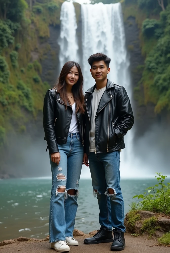 Full body portrait of a slightly chubby Indonesian youth wearing a slim black leather jacket,wearing shoes,Ripped jeans at the knee, and young women wearing t-shirts,Selvi is taking a photo with a young man in front of a waterfall tourist spot,real best quality