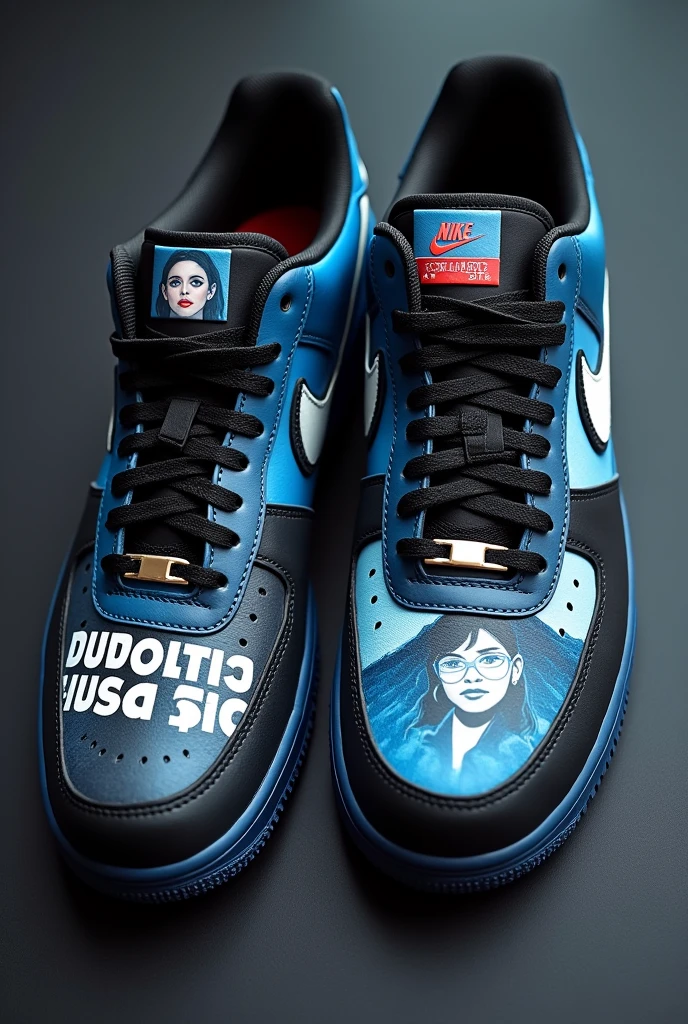 design for me an air force 1 show. Make it a Tate mcrae ( the singer) theme from the video run for the hills on youtube design colored by dark blue, white, black and red with the text: run for the hills. I want another text: T8.