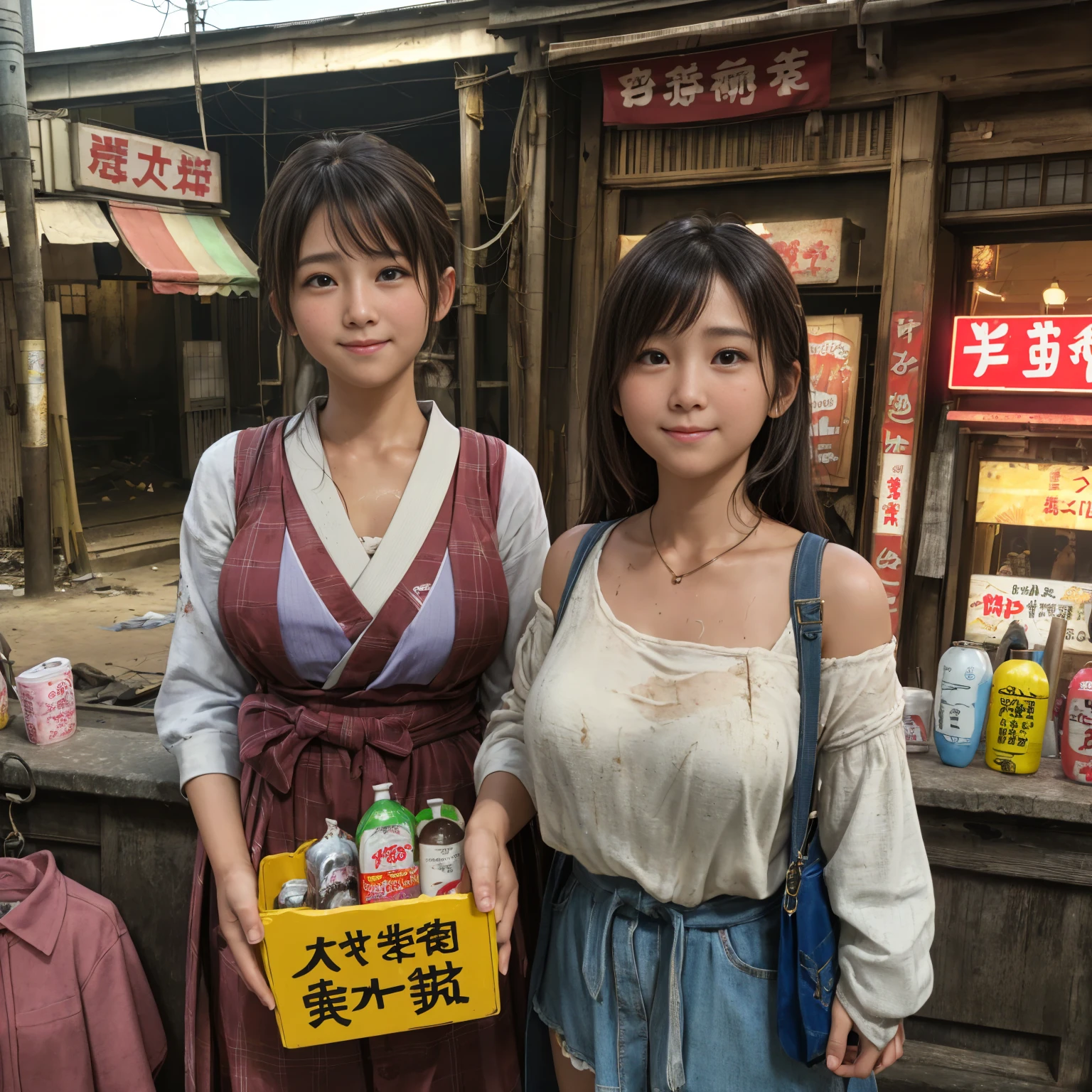 
((masterpiece、Highest quality))、Beautiful girls gather.、Three girls in summer clothes、(Showa Retro:1.2)、(Detailed and cute face:1.3)、(Poor conditions、smile、Japan's poor neighborhoods、Dim and unsanitary、Standing Bar、みんなで楽しくdiet、Crumbling underground shopping mall:1.3)、屋台のdiet店、stage、sewage、Dirty shop、street vendors、Unsanitary and abandoned city、smile、diet、Poor person々