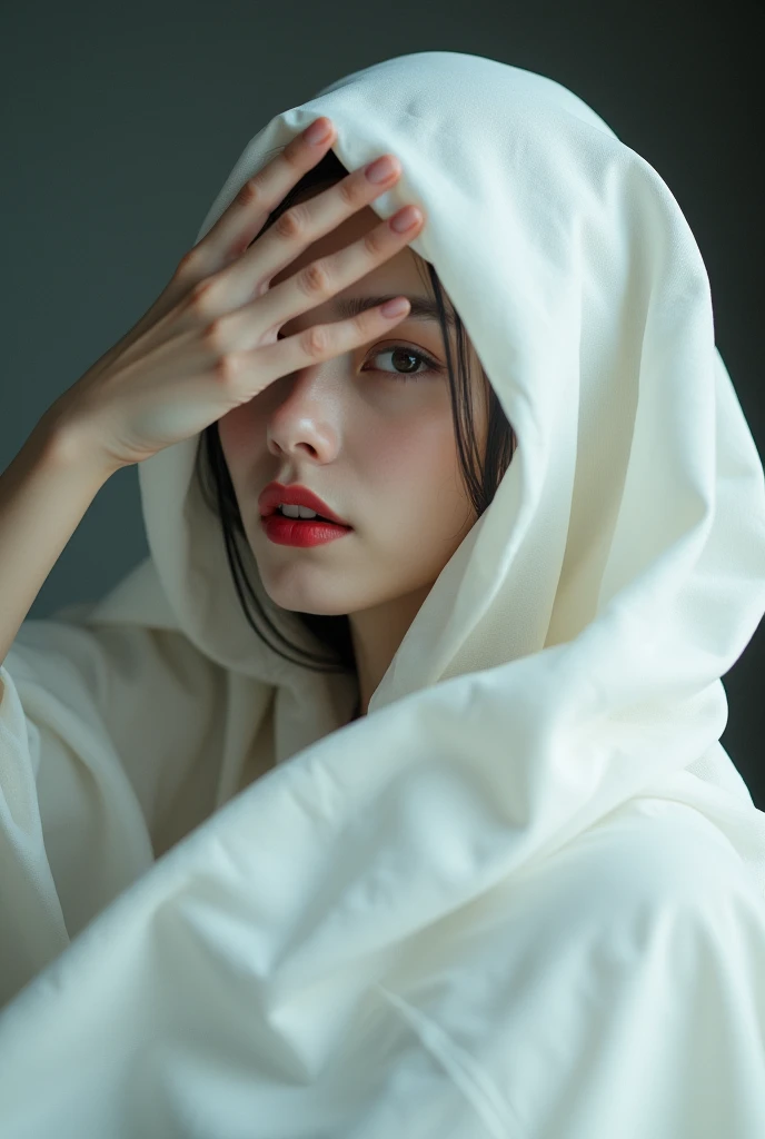 a cute Woman wearing a White cape, dramatically covering her eYes with one hand