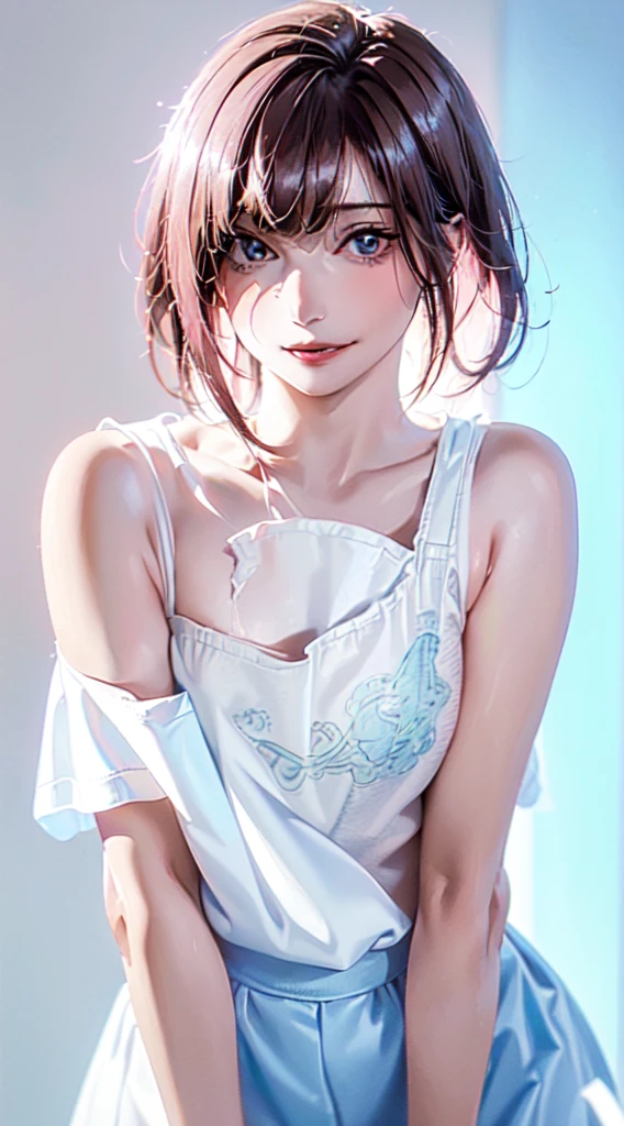 (Highest quality、8k、32K、masterpiece)、(Realistic)、(Photorealistic:1.2)、(High resolution)、Very detailed、Very beautiful face and eyes、1 person、Round and small face、Narrow waist、Delicate body、(Highest quality、Attention to detail、Rich skin detail)、(Highest quality、8k、Oil paints:1.2)、Very detailed、(Realistic、Realistic:1.37)、Bright colors、(((I have pink hair)))、(((Bust Shot)))、(((Small breasts))), (((Bob Hair)))、(((Even bangs)))、(((Pure white wall background)))、(((Pure white wall background)))、(((She has a happy expression)))、(((Wearing a light blue T-shirt)))、(((T-shirt with beach pattern on chest..)))、(((Look straight ahead)))、(((The skirt is short)))、(((Teeth are visible)))、(((Hands are above the head)))、