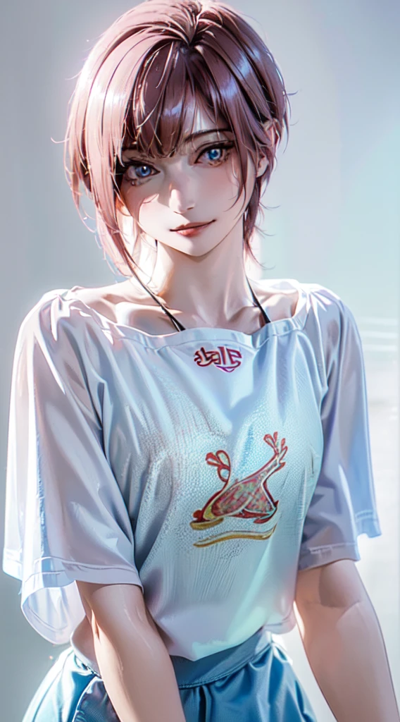 (Highest quality、8k、32K、masterpiece)、(Realistic)、(Photorealistic:1.2)、(High resolution)、Very detailed、Very beautiful face and eyes、1 person、Round and small face、Narrow waist、Delicate body、(Highest quality、Attention to detail、Rich skin detail)、(Highest quality、8k、Oil paints:1.2)、Very detailed、(Realistic、Realistic:1.37)、Bright colors、(((I have pink hair)))、(((Bust Shot)))、(((Small breasts))), (((Bob Hair)))、(((Even bangs)))、(((Pure white wall background)))、(((Pure white wall background)))、(((She has a happy expression)))、(((Wearing a light blue T-shirt)))、(((T-shirt with beach pattern on chest..)))、(((Look straight ahead)))、(((The skirt is short)))、(((Teeth are visible)))、(((Hands are above the head)))、