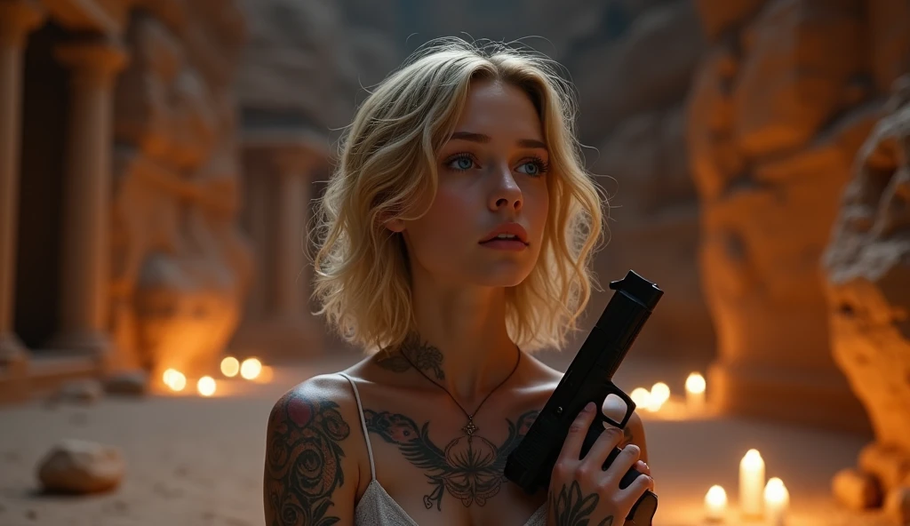tatuados,Very beautiful big breasts、Very large bust、Gazing into the distance、(Dark Suit)(Holding a pistol),(Many tattoos on both arms and neck)、 (Petra（jordan） - Ancient ruins carved into the rocks),Candlelight only,Very detailed, 18-year-old, A beautiful woman,Depressed face, Blonde Hair,Short Wavy Hair, blue eyes, High resolution, masterpiece, Highest quality, Intricate details, Very detailed, Clear focus, Delicate skin, practical skin texture, texture, Delicate eyes, Professional, 8k, Sad face,despair、 Shot with Canon, 85mm, Shallow and deep, Kodak Vision Color, Exactly, Very detailed, photograph_\(Extremist\), photographpractical, practical, Post-processing, Maximum details, Roughness, Real Life, Extremist practical, Photorealism, photographgraphy, 8k ウルトラ HD, photographgraphy
